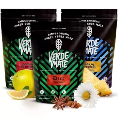Afbeelding van Herbal fruits Yerba mate set met kruiden en vruchteni Verde Green Mas IQ Tropical, Deer, Pomelo Braziliaanse groen thee 3x500g