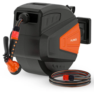 Afbeelding van FlinQ Tuinslanghaspel 30 meter Slanghaspel Automatisch 180 draaibare Muurhaspel Wandslangenbox met Tuinslang, Haspel en Sproeikop 9 Sproeistanden