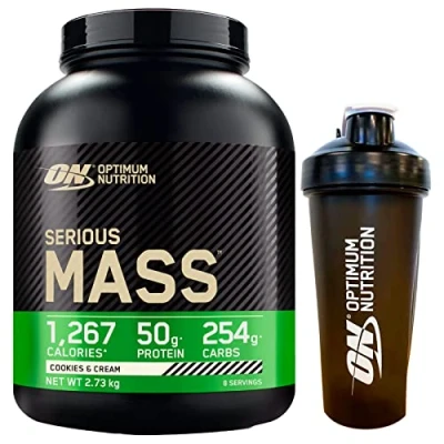 Afbeelding van Optimum Nutrition Serious Mass Whey Proteïnepoeder voor spiermassa met creatine glutamine en vitaminen, koekjes &amp; room, 2,73 kg, 8 porties + shaker
