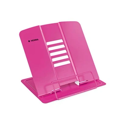 Afbeelding van HERMA 19964 metalen leesstandaard (19,8 x 22,2 3,3 cm ingeklapt), 5 standen verstelbaar, antislip, boekenstandaard voor school, keuken en kantoor, boekhouder kinderen, roze