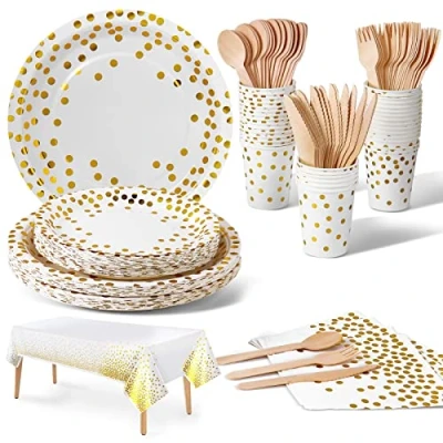 Afbeelding van Nkaiso Party Servies, 141 Stuks Wit Goud Papier Feestservies Set Inclusief borden Papieren Platen Servetten Bekers, voor Bruiloft Douche, Betrokkenheid, Bruiloft, Verjaardag 20 Gasten