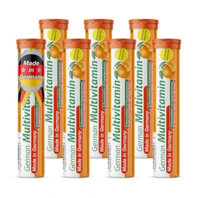 Afbeelding van Duitse multivitamine bruistabletten 140 st. sinaasappelsmaak vitamine C, E, B1, B2, B6, B12, biotine, foliumzuur, niacine, pantotheenzuur T&amp;D Pharma Made in Germany