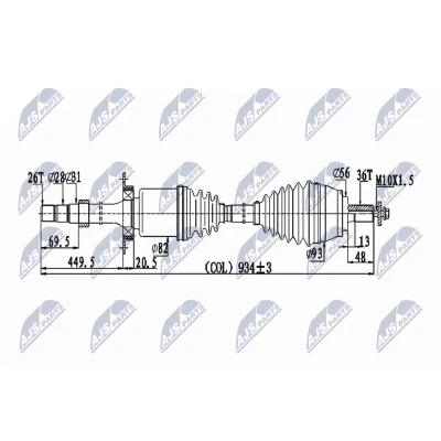 Afbeelding van NTY NPW VV 133 Aandrijfas Vooras rechts 934mm TF 71SC Automatische versnellingsbak VOLVO: V40 Hatchback (525, 526) 2.0 D3, 1.6 T4, T2 2.0, T3