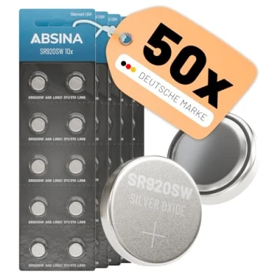 Afbeelding van ABSINA SR920SW Horlogebatterij, 1,55 V, zilveroxide, verpakking van 10 stuks, knoopcel SR920SW, lekvrij en lange houdbaarheid, batterij / LR921 371/370 LR69 AG6 SR 920 SW horloges,