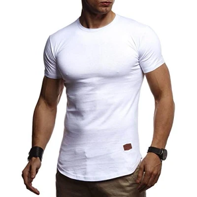 Afbeelding van Leif Nelson Zomer T shirt voor heren met ronde hals, slimfit, katoenaandeel, cool wit zwart basic shirt, korte mouwen, lang, LN8294, wit, XL