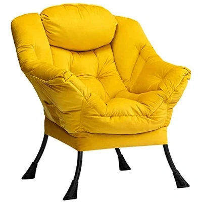 Afbeelding van HollyHOME Luie stoel lounge met armleuningen en zijvak relax fauteuil moderne fluwelen stof stalen frame, Geel