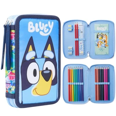 Afbeelding van Bluey Gevuld etui met briefpapier voor kinderen, schoolbenodigdheden kleurpotloden, notitieblok Geschenken Blauw, Eén maat, Potlood Gevallen