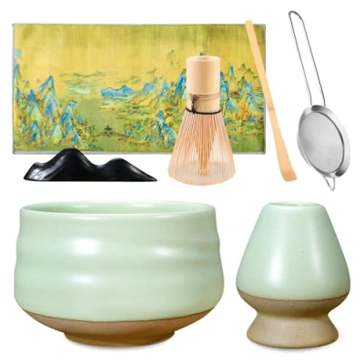 Afbeelding van matcha Theeset set, 7 stuks, verkrijgbaar met schaal, garde, bezemhouder, theelepelhouder, zeef, theedoek, geschenkdoos voor theeceremonie, handgemaakte