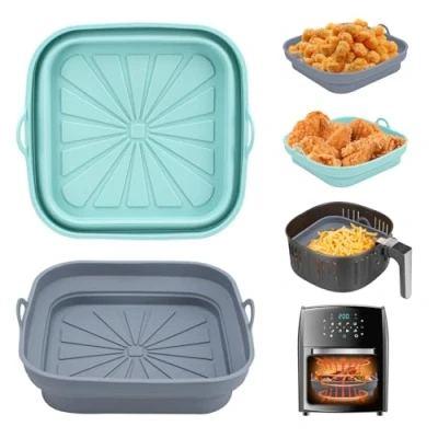 Afbeelding van Alyvisun Bakvormen voor luchtfriteuse, 2 stuks siliconen bakvorm airfryer container, herbruikbare vierkante mand, mat airfryer, magnetron, oven (lichtblauw + grijs)