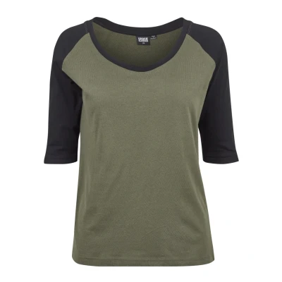 Afbeelding van Urban Classics Ladies 3/4 Contrast Raglan TEE Tshirt print, Dames, Maat: 5XL, Olive/black