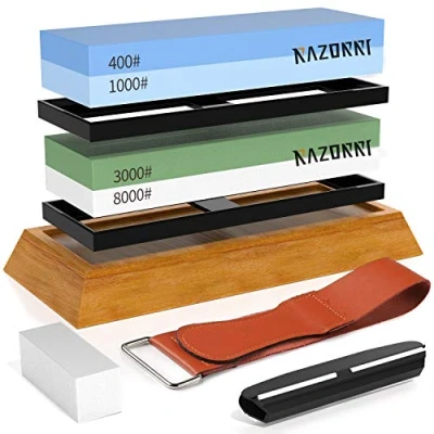 Afbeelding van Whetstone Set, dubbelzijdige 400/1000 en 3000/8000 grit slijpstenen met dressing steen, hoekgeleider, bamboe basis, leren strips, voor het slijpen polijsten van metalen mesjes (platte basis)