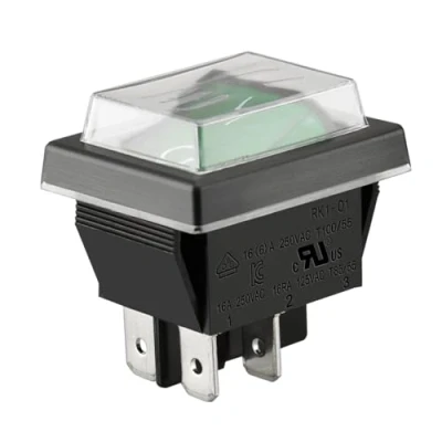 Afbeelding van Heschen Tuimelschakelaar aan/uit, aan uit, 4 aansluitingen, groen licht, 16 A, 250 VAC, met waterdichte afdekking (1)