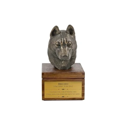 Afbeelding van Art Dog handgemaakte aangepaste hondenherdenkingsurn koudgegoten bronzen hondenkop op berkenbasis langdurige hondencrematiedoos 16x28x16cm Siberische husky