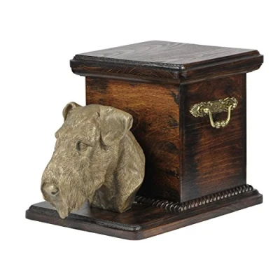 Afbeelding van Art Dog Handgemaakte Aangepaste Hondenherdenkingsurn Koudgegoten Bronzen Hondenkop op Berkenbasis Gepersonaliseerde Hondencrematiedoos 19x31x22cm Airedaleterriër