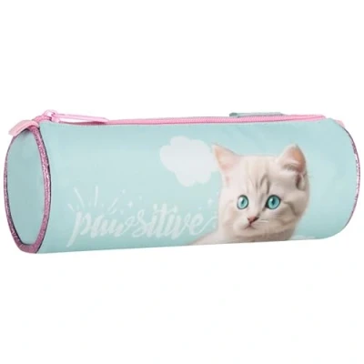 Afbeelding van Blauw pennenetui voor schoolmeisjes, ROND, buisvormig, etui accessoires, in katten 22x8x8cm