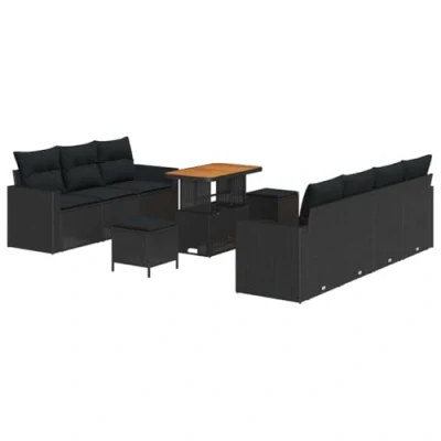 Afbeelding van vidaXL 10 delige Tuinset met Kussens Zwart Poly Rattan en Acacia