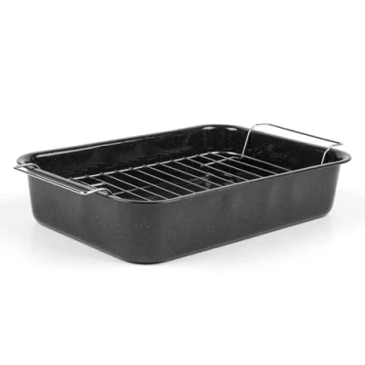 Afbeelding van Russell Hobbs CW9161 Romano Vitreous Enamel Roaster with Wire Rack, 34 cm, Ideal for Roasting Chicken, Beef, Vegetables, Non Stick, Large Deep Tray, Speckled Finish, Black