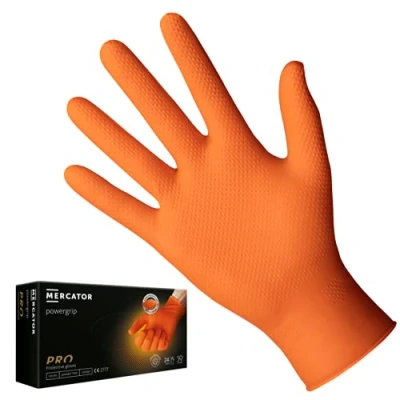 Afbeelding van nitril handschoenen MERCATOR POWERGRIP oranje, wegwerphandschoenen, poedervrije maat: M 50 stuks, latexvrij 3x dikkere handschoenen, diamanttextuur