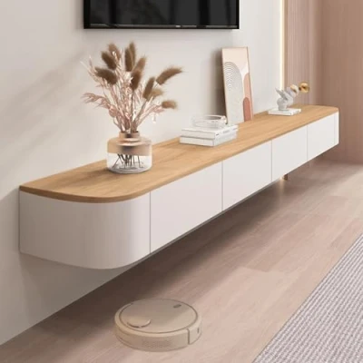 Afbeelding van Ribanedy Moderne Zwevende TV meubel, Wandgemonteerde Massief Houten kast met Opslag, Mediaconsole voor Woonkamer en Slaapkamer (Wit + Hout, 240 cm)
