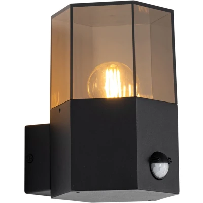 Afbeelding van QAZQA Buiten wandlamp zwart met smoke glas zeshoek en bewegingssensor