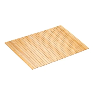 Afbeelding van Relaxdays badmat bamboe, 80 x 50 cm, oprolbare douchemat, antislip badkamermat, natuurlijke saunamat, hout, natuur/wit