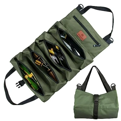 Afbeelding van Gereedschapstas met OPHANGLIJN, maat : 20L x 15W 5H centimeter, canvas moersleutel gereedschapstas, multifunctionele roltas 5 zakken ritssluiting, ideaal voor loodgieters, ambachtslieden en elektriciens(groen)