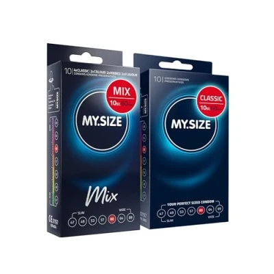 Afbeelding van MY.SIZE Mix SET Maat 5, 60 mm: 10 Classic Condooms + in 4 spannende soorten, met Aroma, Kleur, Geribbeld &amp;