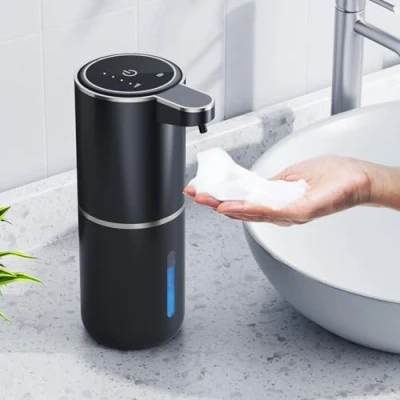 Afbeelding van Amyzavls Automatische zeepdispenser, 380 ml, wandbevestiging, contactloos, elektrische zeepdispenser met sensor, USB oplaadbaar, schuimzeepdispenser voor badkamer, keuken, kantoor, zwart
