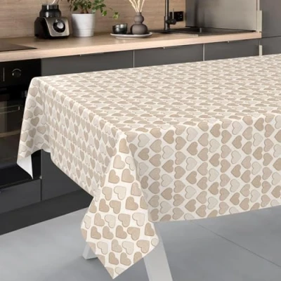 Afbeelding van Tafelzeil, afwasbaar tafellaken van oliedoek, tuintafelkleed, voor binnen en buiten, met snijrand, hart, 240 x 140 cm, beige