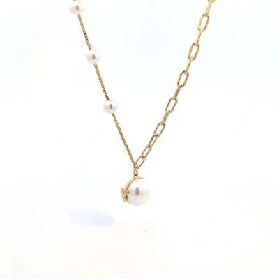 Afbeelding van Combi gouden ketting met fijne en grote schakels parels een parel hanger