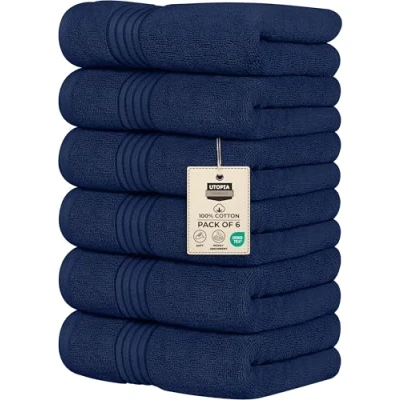 Afbeelding van Utopia Towels 6 Pak Premium Handdoeken Set, (41 x 71 CM) 100% Ringgesponnen Katoen, Lichtgewicht en Zeer Absorberend voor Badkamer, Reizen, Kamp, Hotel Spa (Marine Blauw)