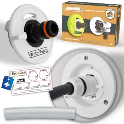 Afbeelding van WATERTWIN Watertankadapter voor camper, caravan accessoires, watertankdeksel met dubbele Gardena aansluiting (2 pins adapter, D: 65. Let op: alleen FIAMMA)