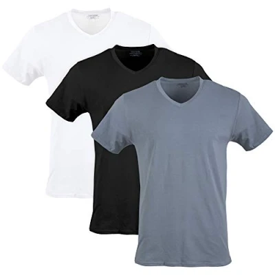 Afbeelding van Gildan Heren katoenen stretch V hals T shirt ondergoed (Pack van 3), Wit/Zwart Roet/Grijs Flanel (V 3 pack), L