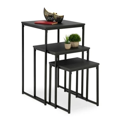 Afbeelding van Relaxdays bijzettafel set van 3, stapelbaar, mimiset, 3 groottes, vierkant, metaal, woonkamer, salontafel, zwart