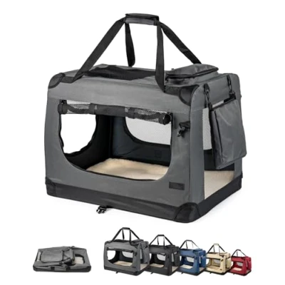 Afbeelding van lionto Opvouwbare Hondentransportbox voor Reizen &amp; Auto, 82x58x58 cm, Stevige Draagbox met Handvaten Deken, tot 18 kg, Duurzame Stoffen Hondenbox, Klein Groot, Grijs