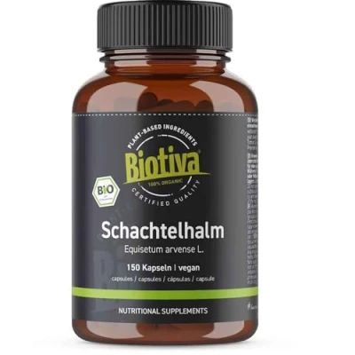 Afbeelding van Biotiva Heermoeskruid Bio 150 capsules hoogste kwaliteit Equisetum arvense L. gebotteld en gecontroleerd in Duitsland (DE ÖKO 005)