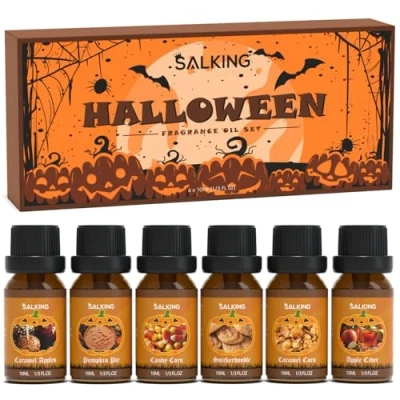 Afbeelding van SALKING Halloween Set etherische oliën, cadeauset, aromatherapie geurolie pure voor diffuser luchtbevochtiger, 6 x 10 ml (pompoentaart, karamelappels, suikermaïs, kaneel, popcorn, appelwijn)