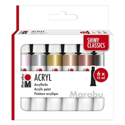 Afbeelding van Marabu acrylverfset SHINY CLASSICS, 6 x 12 ml metallic glinsterende kleuren, gemakkelijk te schilderen, sneldrogend, weerbestendig, voor vele schildertechnieken en ondergronden, 1210000000212