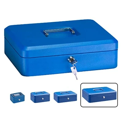 Afbeelding van ARREGUI Elegant C9245 Stalen Geldkistje Geldkist 30 cm Breed Afsluitbare Geldkluisje met Legbord Grote Sleutel en Inzet voor Munten Kassa Blauw
