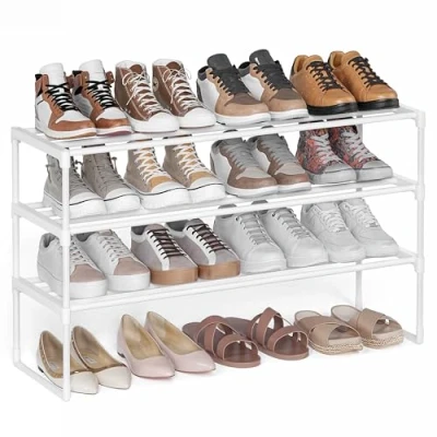 Afbeelding van SONGMICS 3 laags schoenenrek, metalen schoenenstandaard, schoenenopslag, ondersteboven of ondersteboven, voor 16 20 paar schoenen, 30 x 92 55 cm, parelwit LSA303W03