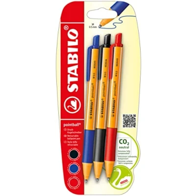 Afbeelding van Balpen met klikmechanisme STABILO pointball 3 stuks blauw, zwart, rood