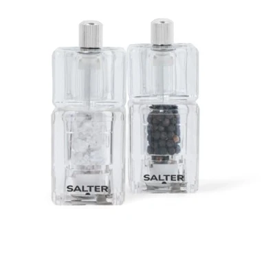 Afbeelding van Salter 7605 CLXR Salt &amp; Pepper Mini Mills Set, Kitchen Cooking, Square Finish, Diamond Hard Ceramic, Twist to Grind, Crystals Peppercorns, Easy Adjustable, Fine Coarse, 9.7 cm, Clear