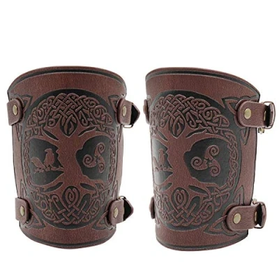 Afbeelding van HiiFeuer Viking Yggdrasil Wereldboom Reliëf PU Lederen Bracers, Middeleeuwse Gesp Armbeschermers Voor LARP Halloween(Bruin)