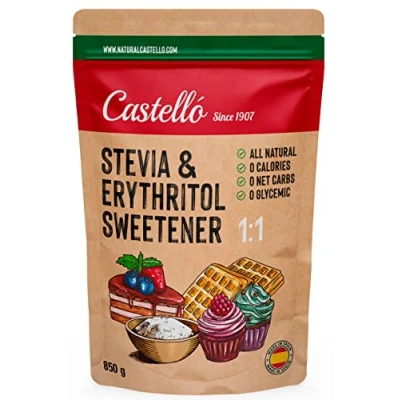 Afbeelding van Zoetstof Stevia + Erythritol 1:1 1g = suiker 100% Natuurlijke Suikervervanger 0 Calorieën Glycemische Index Keto en Paleo Netto Koolhydraten Non GMO Castello since 1907 850 g