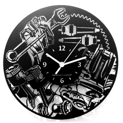 Afbeelding van Instant Karma Clocks mechanische wandklok met motor, decoratie voor werkplaats, garage, studio, cadeau idee fans van motoren, autowerkplaats