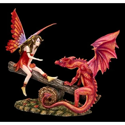 Afbeelding van Elfen figuur op wip met rode draak Fee, Fairy, engel, decoratief figuur, artikel, beeldje, sculptuur, H 23,5 cm
