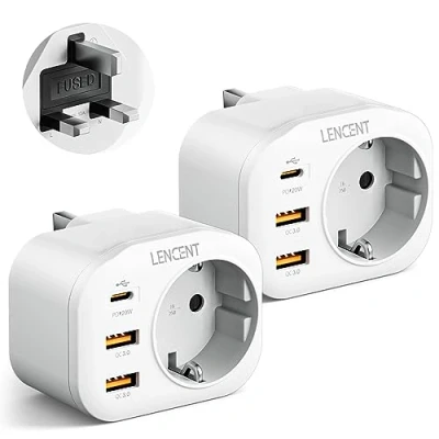 Afbeelding van LENCENT 2X UK Reisadapter, 20W Snel Opladen Type G Power Adapter Reisstekker, Engeland Duitsland Plug met 2 USB QC3.0 &amp; 1 C PD Poorten voor Schotland, Ierland, Wales, Malediven Socket