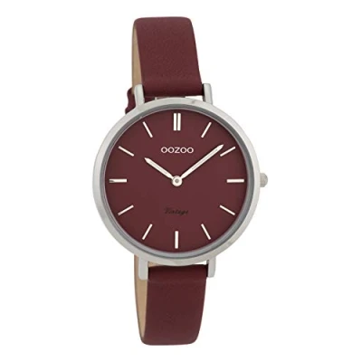 Afbeelding van OOZOO Timepieces Zilverkleurige horloge met bordeaux rode leren band C9815
