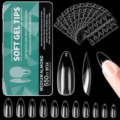 Afbeelding van Alyvisun Amandel Nageltips, 550 stuks Volledige Dekking Nagelpunten Met 240 Gel Nagels Stickers, 11 Maten Half Matte Transparante Kunstnagels Voor Salon DIY Nagel Extensies
