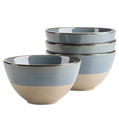 Afbeelding van MÄSER Serie Nottingham Mueslikommen Set van 4 met filigraan lijnspel en edele glazuur, schalen keramiek in moderne vintage look, steengoed, grijs blauw